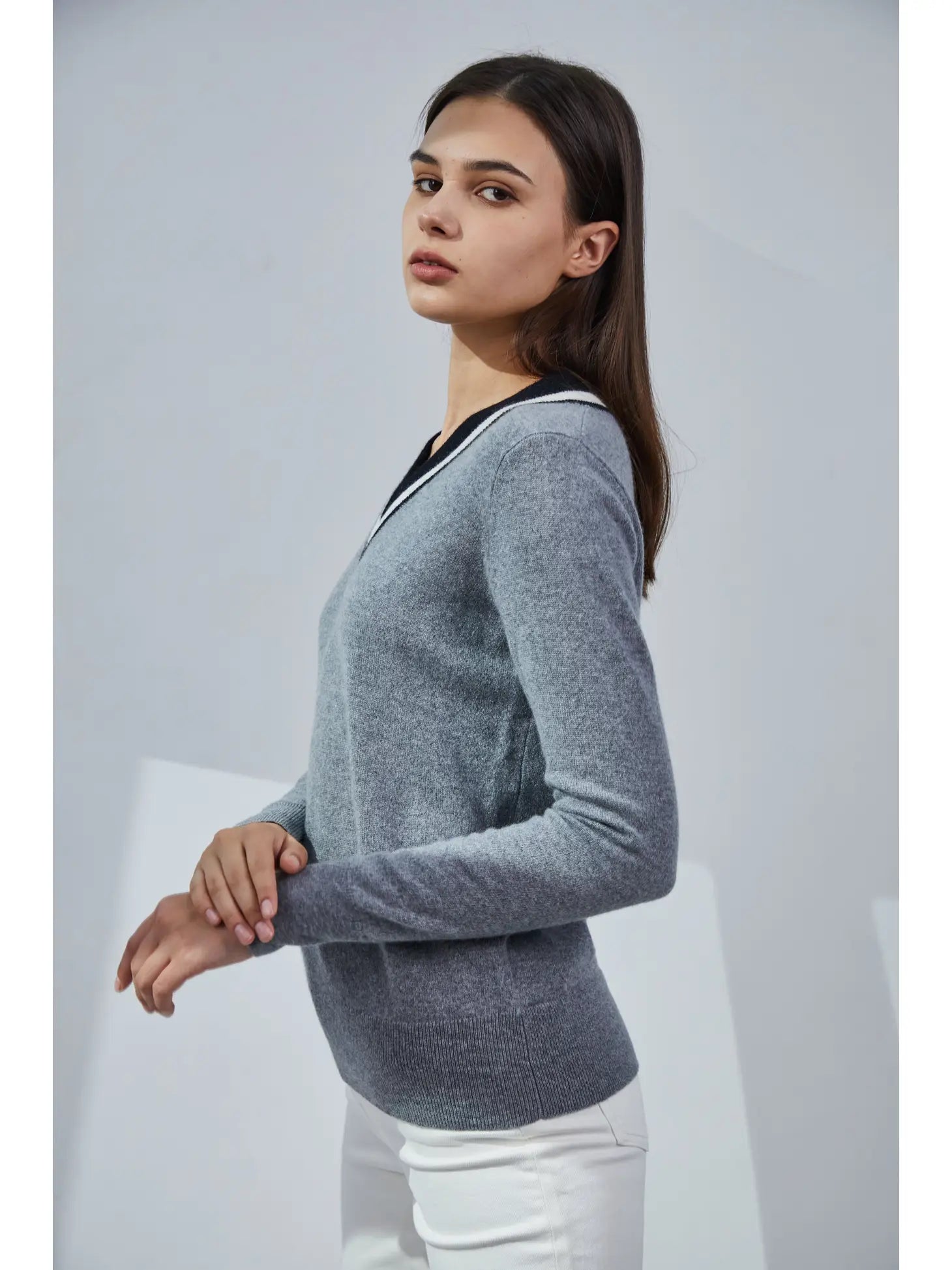 Heather Grey V Neck Cashmere Sweater